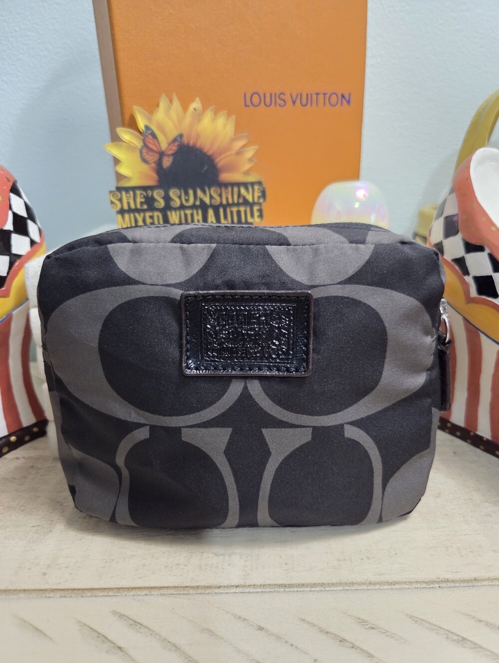 Coach Park Signature Nylon Packable Folding Tote Bag Black Grey F66180, EUC